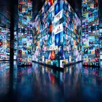 View of a museum gallery showing several digital images scrolling on floor to ceiling screens.