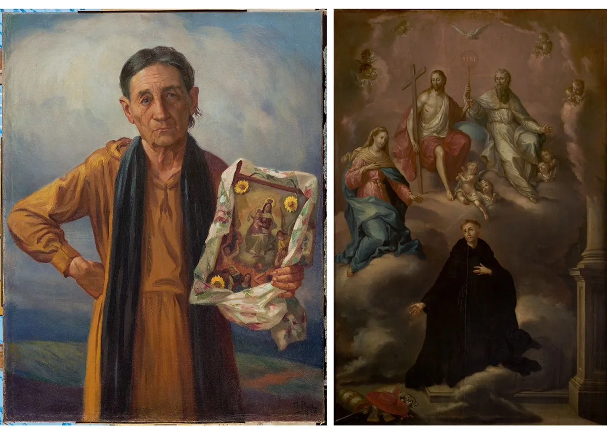 Composite image showing two paintings. At left is a woman with her arm on her hip holding a devotional picture of the Virgin At right a saint being visited by the Virgin and Christ.