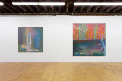 Two colorful paintings of ghostly figures set against landscapes.