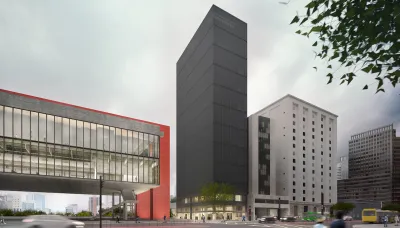 An architectural rendering of a tall black building sandwiched between a low red structure and a high rise.