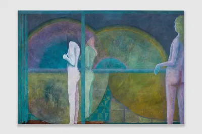 A painting showing a nude female figure looking to the side over a railing that glows with two halo-like formations set against a purple background. Another nude figure looks on.