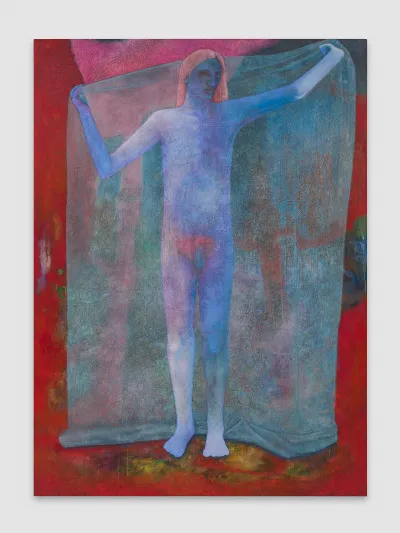 A painting of a nude figure holding a sheer fabric behind their head.