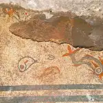 An intricately tiled mosaic floor recently found in northwestern England, features stylized dolphins and fish.