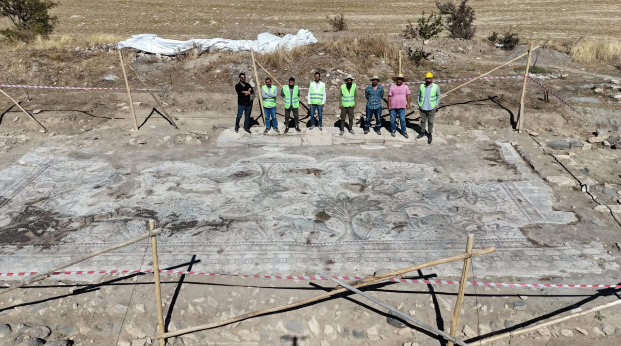 Eight men stand next to a large uncovered Roman mosaic.