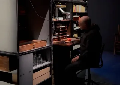 A man sits at a small desk in a custom-built installation that had many shelves and books.