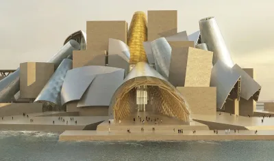 A rendering of a museum building formed from piled-up halves of steel tubes.