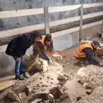A woman leans in and looks at an excavation site where a worker has illuminated and is pointing to with his hand. The woman is Francesca Gerosa, the vice president and councilor of culture in Trento, and the site is the location of an ancient necropolis.