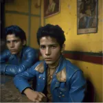An AI-generated image of a man in a blue leather jacket.