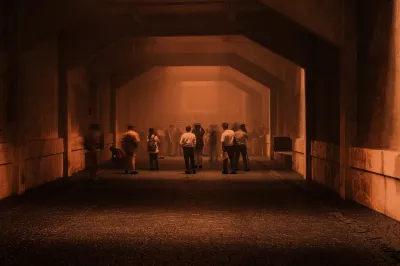 People stand in a dark room with an orange glow and a floor that is painted black with earth and ash.
