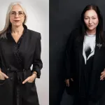 A light haired woman on a light background and a dark haired woman on a dark background.