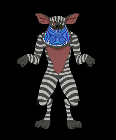 A drawing of a standing dog with gray-and-white stripes. Its mouth is open with a blue-and-purple circle wheel.