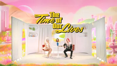 A title screen for a film showing two people in a Barbie-esque set. 