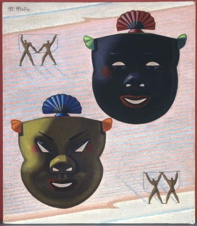 A painting of two pig-shaped masks alongside two pairs of figures holding up a circular rope.