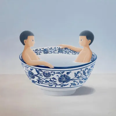 A painting of two young boys sit in a blue-and-white tea cup as if it were a hot tub.