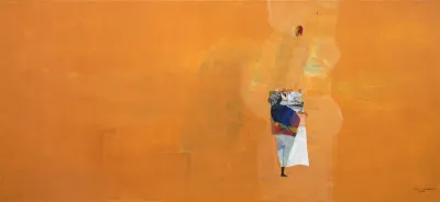 A painting with a large field of orange-yellow and ne person walking through it.