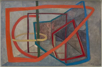 A painting of forms folding into each other.