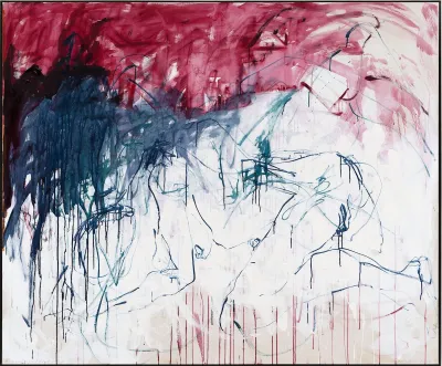 A painting of two thinly outlined figures beneath smears of blue and maroon.