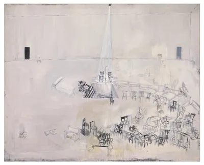 A vacant painting of a room filled with chairs.