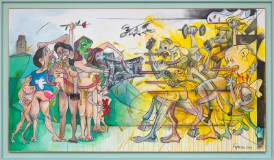 A painting of women crying as a group of beast-like creatures points bayonets at them.