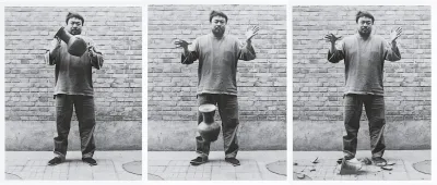 Three black-and-white photographs of a man dropping an ancient vase.