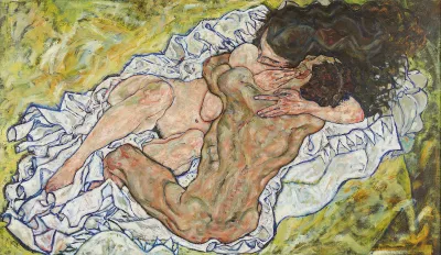A painting of a nude woman and a nude man embracing on a blanket.
