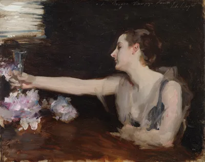A painting of a woman raising a glass.