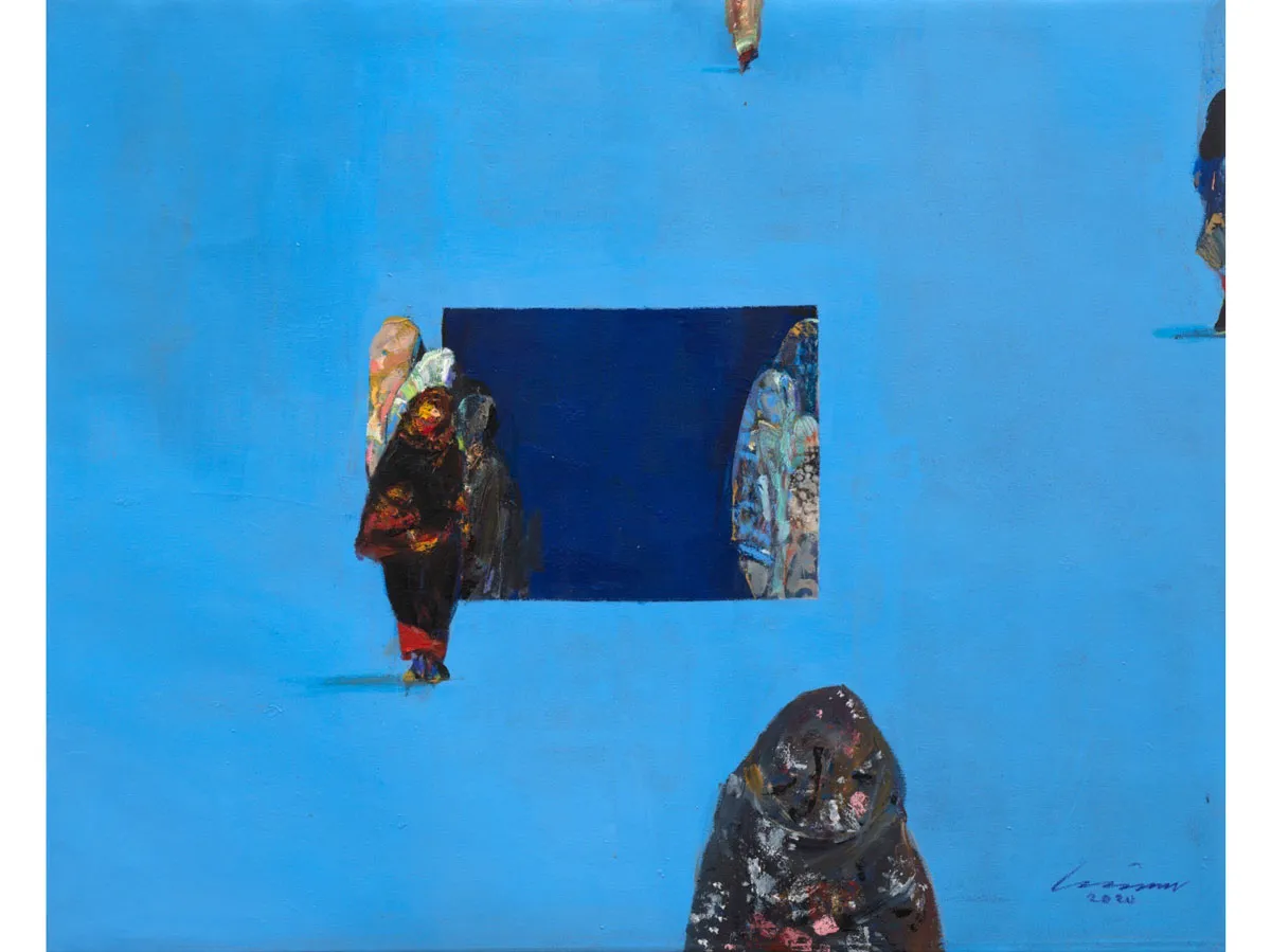 A blue painting with a dark blue rectangle inset. Several covered figures walk about at different vantage points.