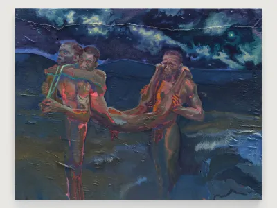 A painting showing two Black men carrying a third between their shoulders against a swirling blue night sky and a wave. 