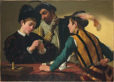 A painting of three men playing cards at a table.