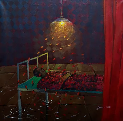 A woman lies in a bed on a stage with a red curtain at right, under a single lamp that illuminates her. The water rises below her.