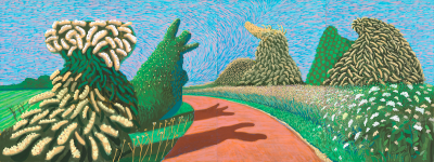 A painting of a road leading through a field with tall bushes.