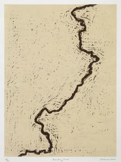 A woodcut print showing an uneven black line running through white space.