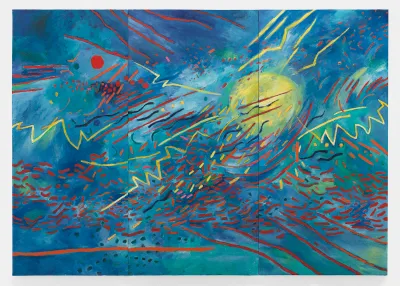 A blue-toned abstraction with squiggles of various colors and a large yellow circle.