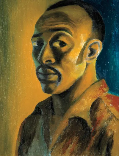 A yellow-toned painting of a Black man.