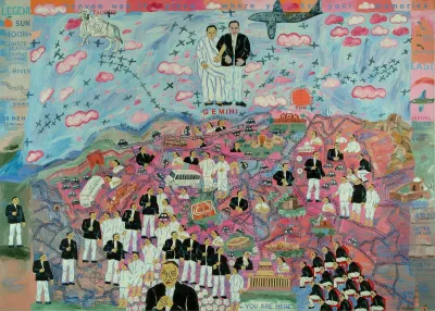 A painting of tiny people populating a mountainous landscape with a plane flying above.
