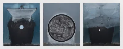 Three grey-toned paintings of abstracted structures.