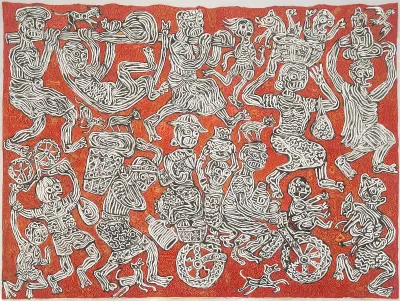 A painting of many figures amid an orange background.