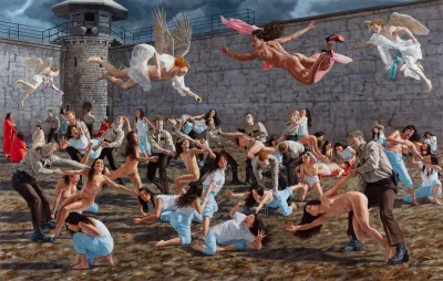 A painting of naked women and clothed inmates fighting with police officers in a prison yard.