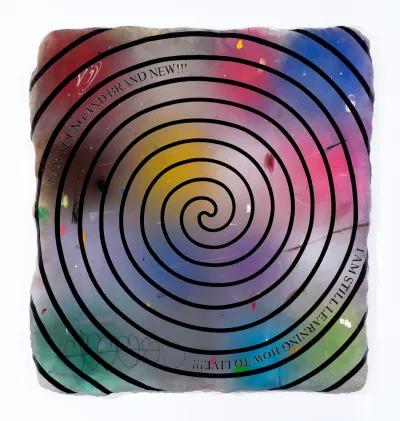 A painting of a spiral with text running through it.