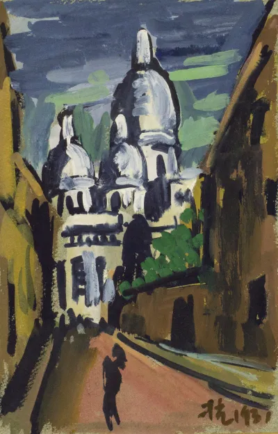 A painting of the Sacré-Coeur and several people walking toward it.
