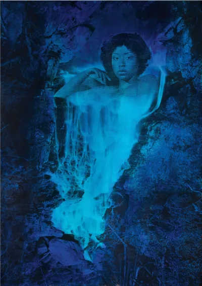 A blue-toned painting of a monumentally scaled woman who appears to emerge from a waterfall.