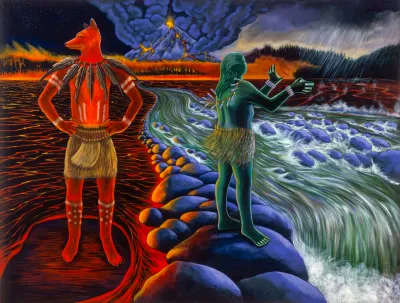 A painting of a wolf-faced human in reddish landscape abutting a blue landscape in which a person is shown raising their arms at the edge of a waterfall.