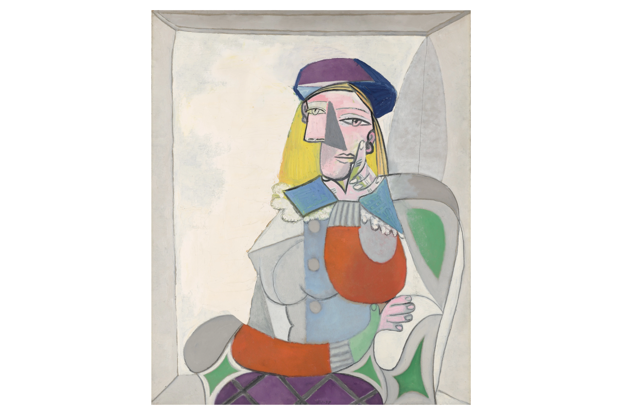 A Cubist work by Pablo Picasso featuring a seductive blonde woman in a purple hat.
