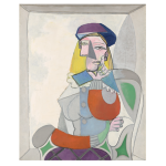 A Cubist work by Pablo Picasso featuring a seductive blonde woman in a purple hat.