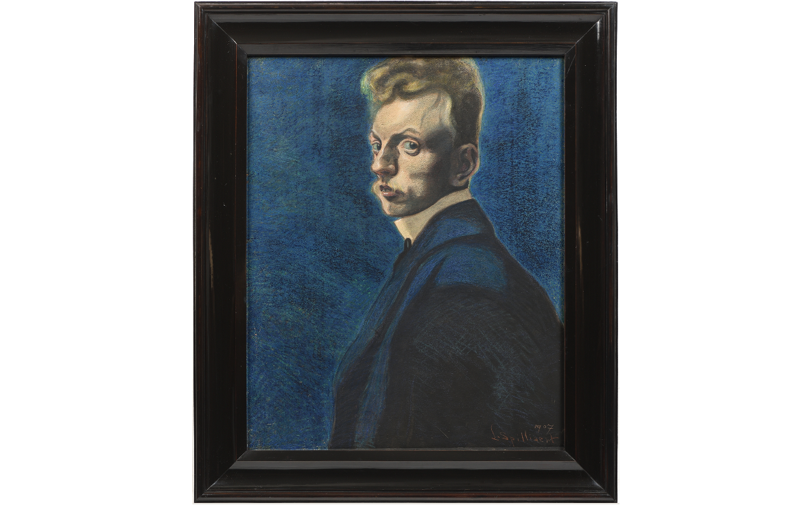 Painting of a man against blue background.