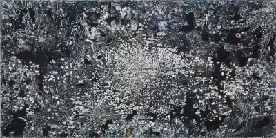 A large abstract painting composed of grey and white chips of paint.