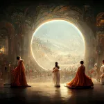 Three figures in robes are seen in front of a large circular opening in a baroque illustrated image.