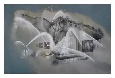 A painting of a gallery that emits sprays of white from paintings on view.