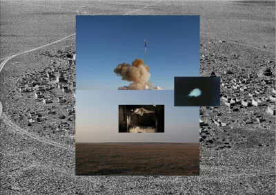 A photograph of a desert with various pictures overlaid. One shows a rocket lifting off.