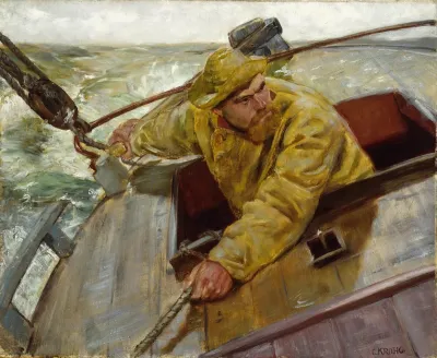 A painting of a sailor in a yellow raincoat moving a rudder.
